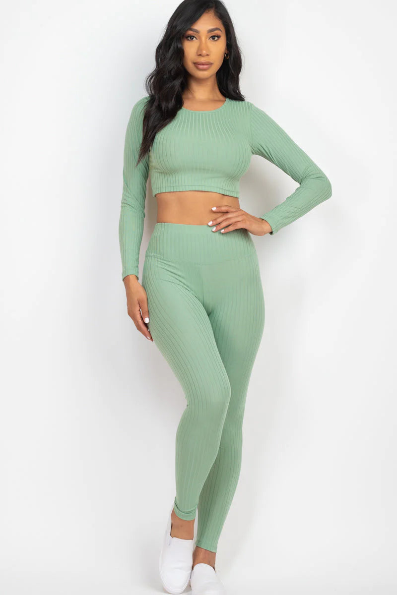 Ribbed Long Sleeve Crop Top and Leggings Set - CAPELLA