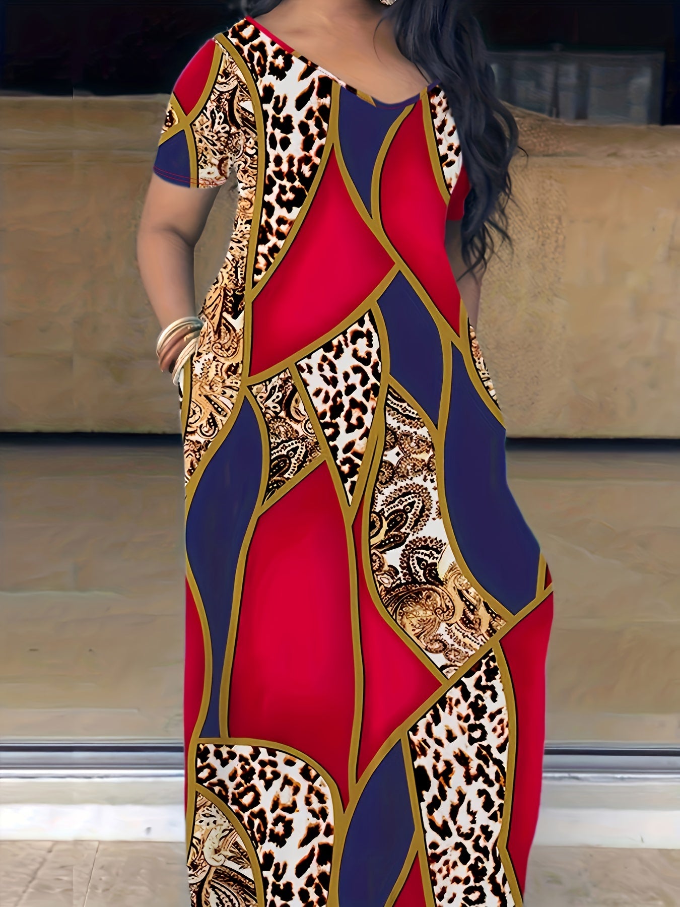 Elegant plus Size Tie Dye Maxi Dress Women's Short Sleeve V-Neck Long Dress with Pocket Medium Stretch Spring/Fall Wear