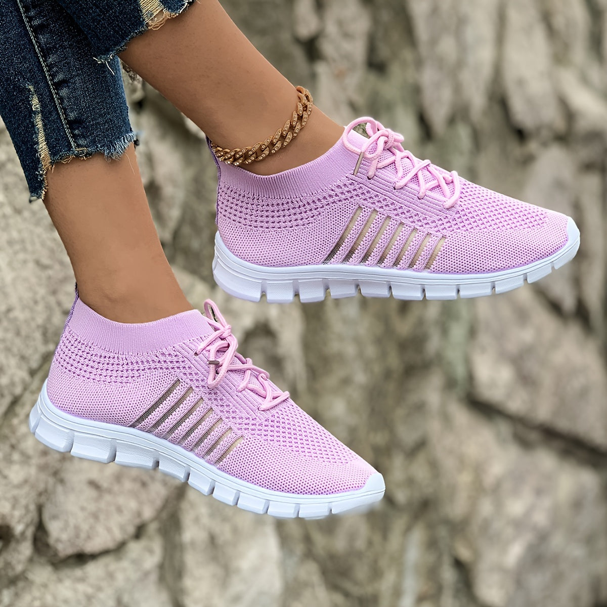 Women's Breathable Lightweight Knit Sneakers Low-Top Lace-Up Fabric Upper PU Sole Casual Running Footwear