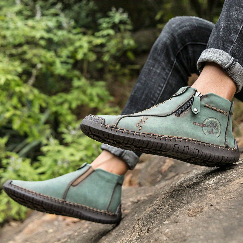 KEZZLY Men's Vintage Zipper Boots - Round Toe Short Ankle Boots with Rubber Sole, All-Season Casual & Sporty Shoes for Outdoor Activities