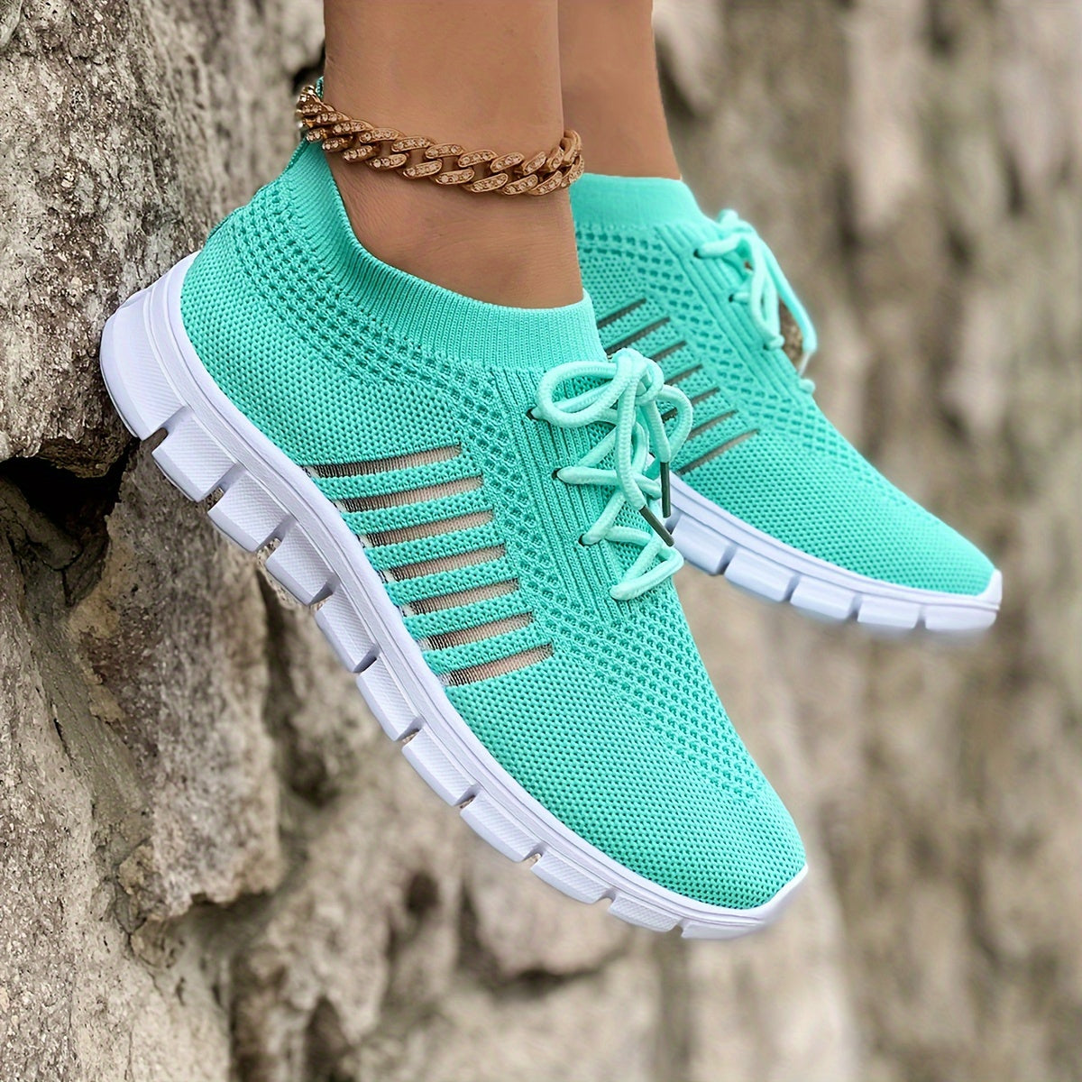 Women's Breathable Lightweight Knit Sneakers Low-Top Lace-Up Fabric Upper PU Sole Casual Running Footwear