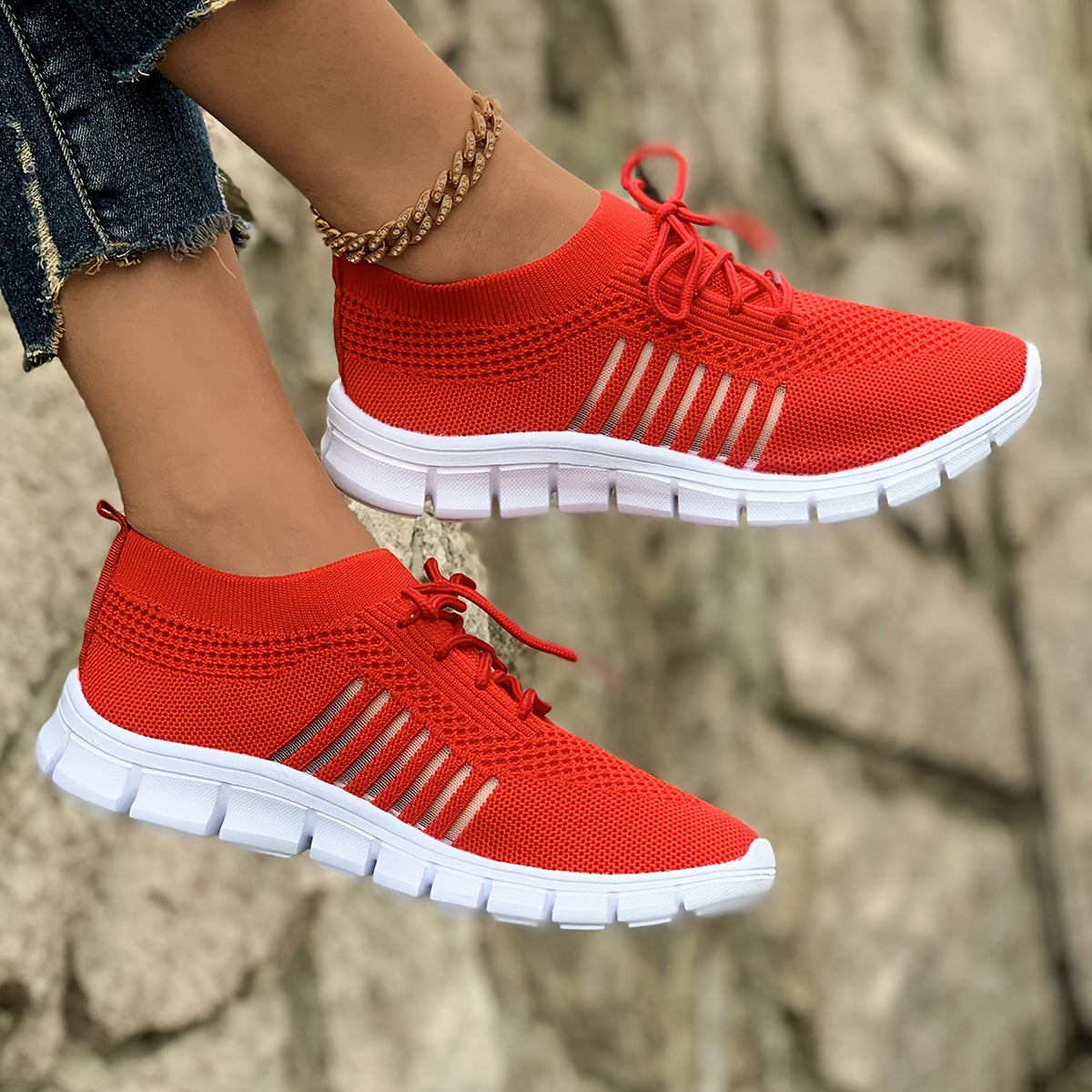 Women's Breathable Lightweight Knit Sneakers Low-Top Lace-Up Fabric Upper PU Sole Casual Running Footwear