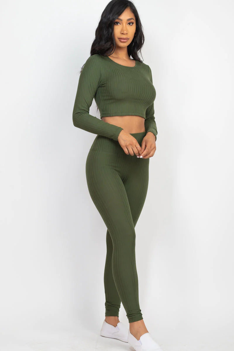 Ribbed Long Sleeve Crop Top and Leggings Set - CAPELLA