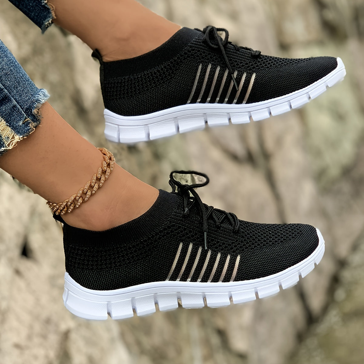 Women's Breathable Lightweight Knit Sneakers Low-Top Lace-Up Fabric Upper PU Sole Casual Running Footwear