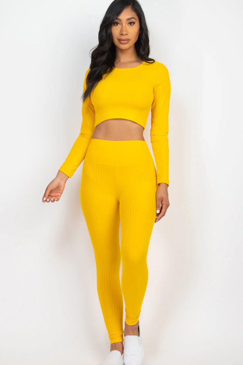 Ribbed Long Sleeve Crop Top and Leggings Set - CAPELLA