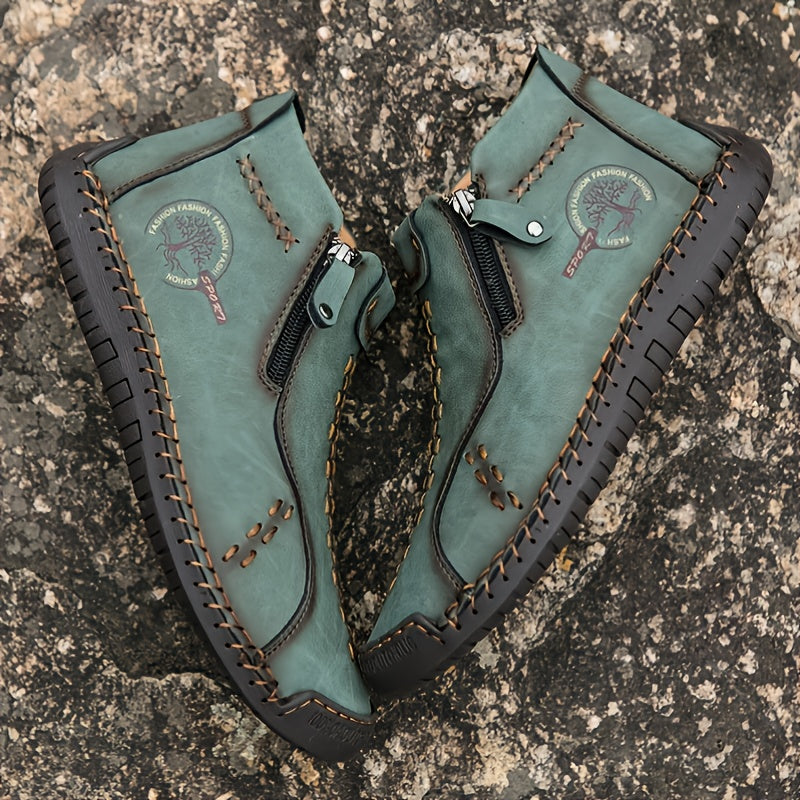 KEZZLY Men's Vintage Zipper Boots - Round Toe Short Ankle Boots with Rubber Sole, All-Season Casual & Sporty Shoes for Outdoor Activities