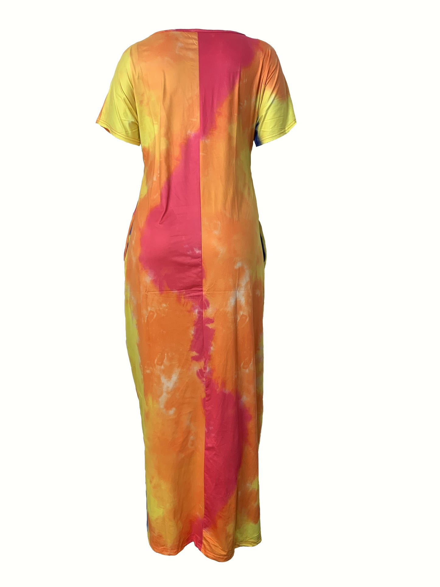 Elegant plus Size Tie Dye Maxi Dress Women's Short Sleeve V-Neck Long Dress with Pocket Medium Stretch Spring/Fall Wear