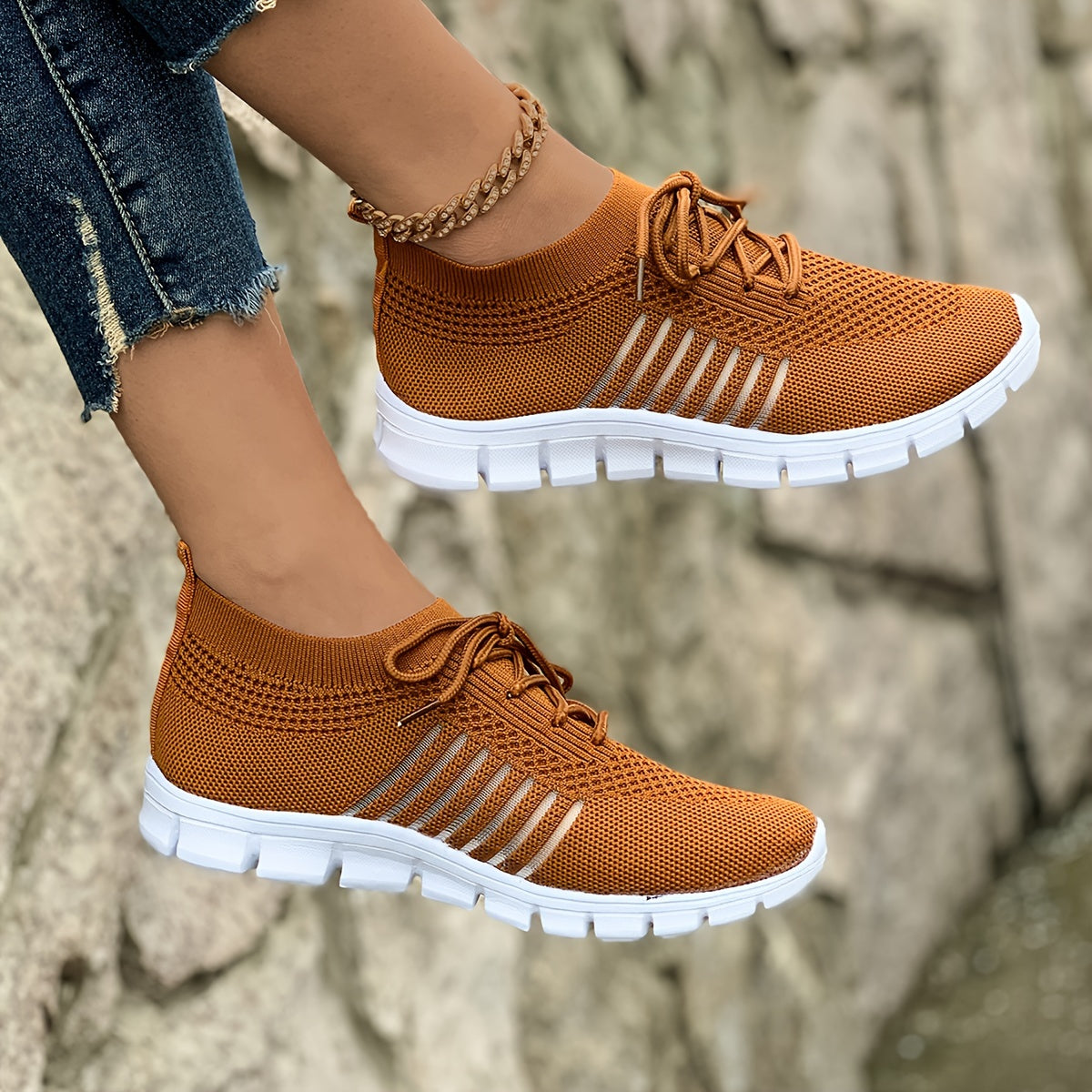 Women's Breathable Lightweight Knit Sneakers Low-Top Lace-Up Fabric Upper PU Sole Casual Running Footwear