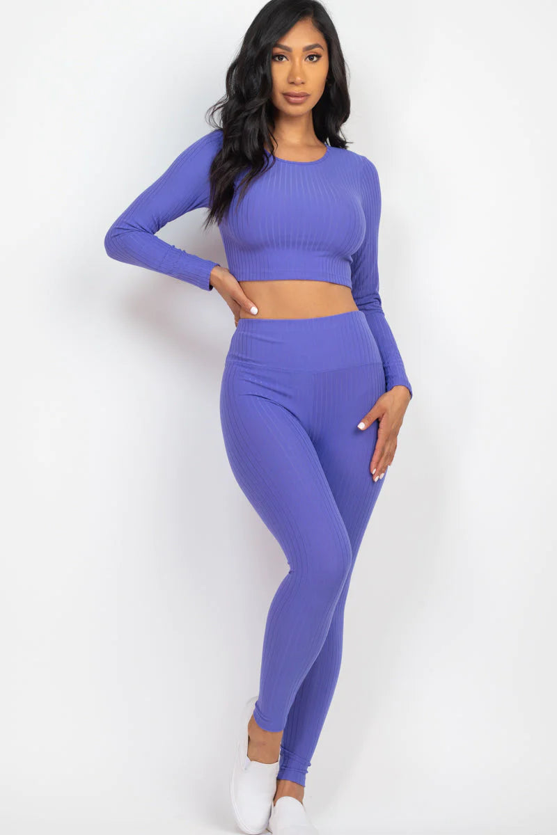 Ribbed Long Sleeve Crop Top and Leggings Set - CAPELLA