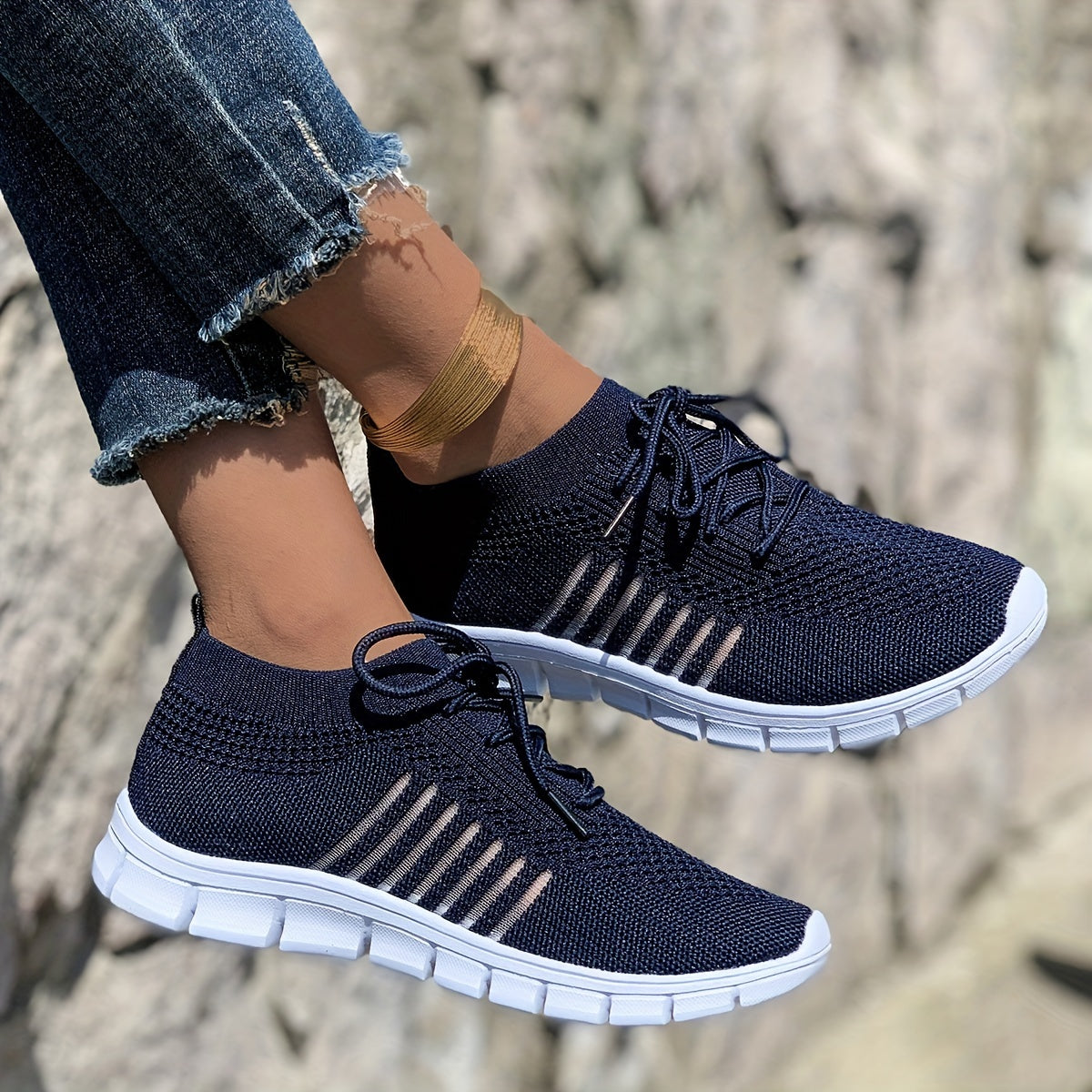 Women's Breathable Lightweight Knit Sneakers Low-Top Lace-Up Fabric Upper PU Sole Casual Running Footwear