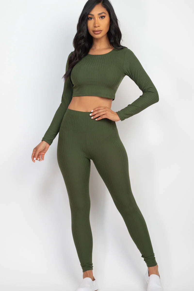 Ribbed Long Sleeve Crop Top and Leggings Set - CAPELLA
