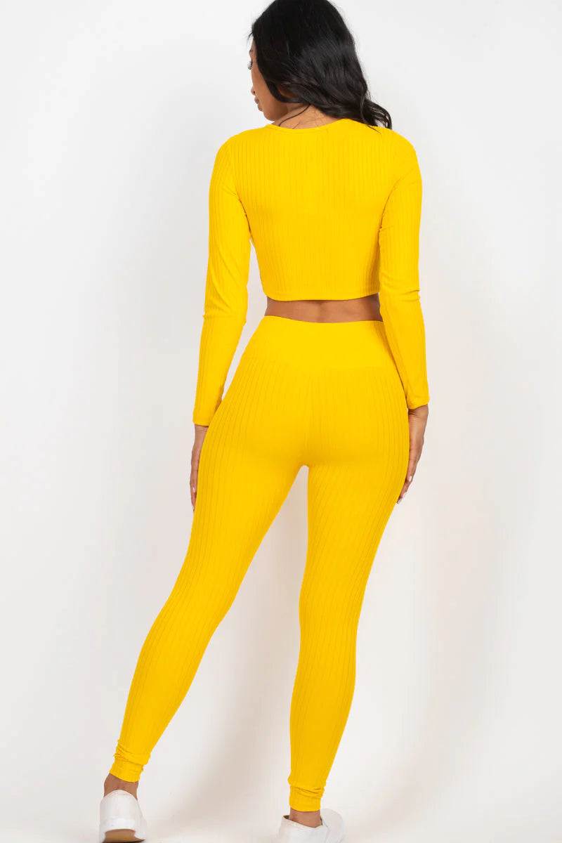 Ribbed Long Sleeve Crop Top and Leggings Set - CAPELLA