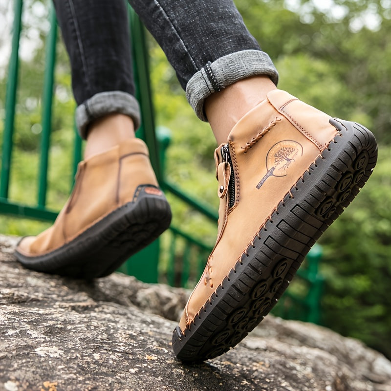 KEZZLY Men's Vintage Zipper Boots - Round Toe Short Ankle Boots with Rubber Sole, All-Season Casual & Sporty Shoes for Outdoor Activities