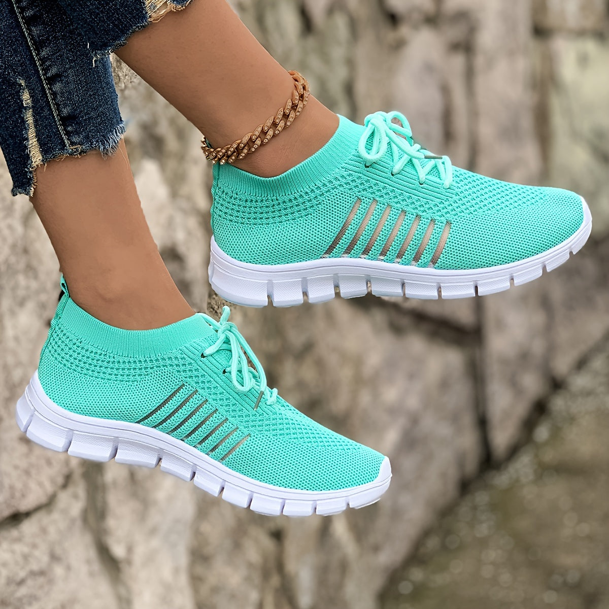 Women's Breathable Lightweight Knit Sneakers Low-Top Lace-Up Fabric Upper PU Sole Casual Running Footwear