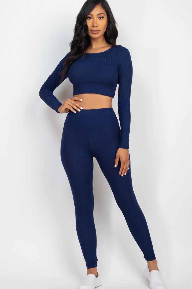 Ribbed Long Sleeve Crop Top and Leggings Set - CAPELLA