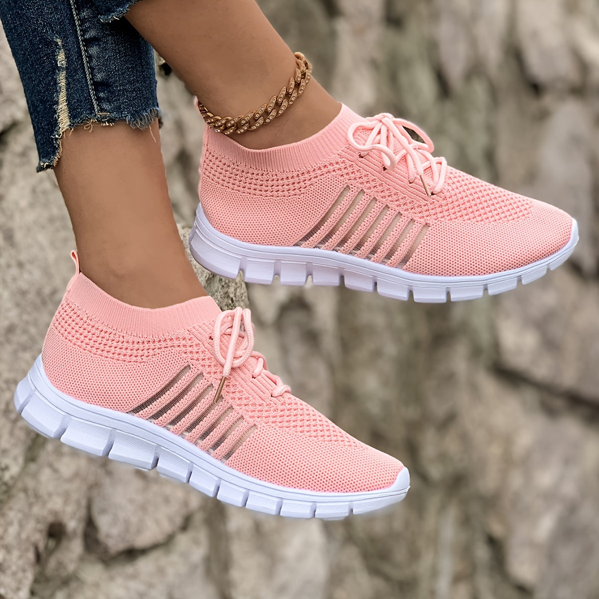 Women's Breathable Lightweight Knit Sneakers Low-Top Lace-Up Fabric Upper PU Sole Casual Running Footwear