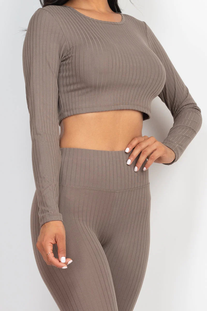 Ribbed Long Sleeve Crop Top and Leggings Set - CAPELLA