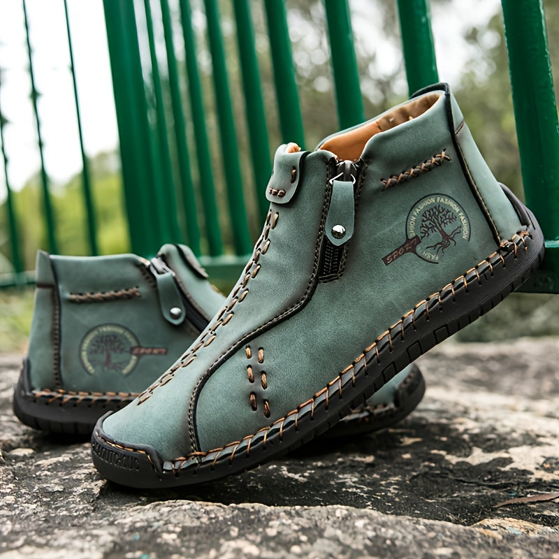KEZZLY Men's Vintage Zipper Boots - Round Toe Short Ankle Boots with Rubber Sole, All-Season Casual & Sporty Shoes for Outdoor Activities