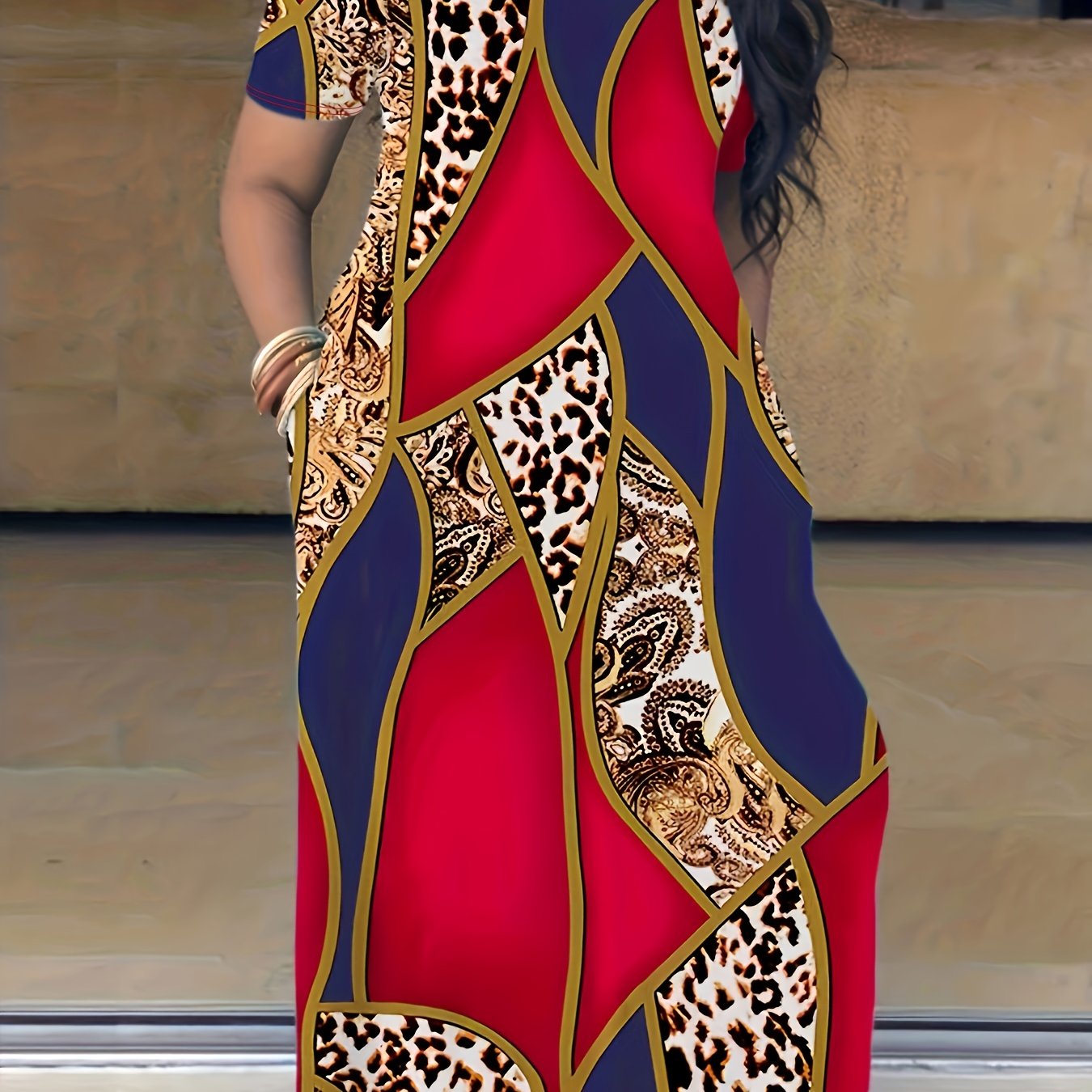 Elegant plus Size Tie Dye Maxi Dress Women's Short Sleeve V-Neck Long Dress with Pocket Medium Stretch Spring/Fall Wear