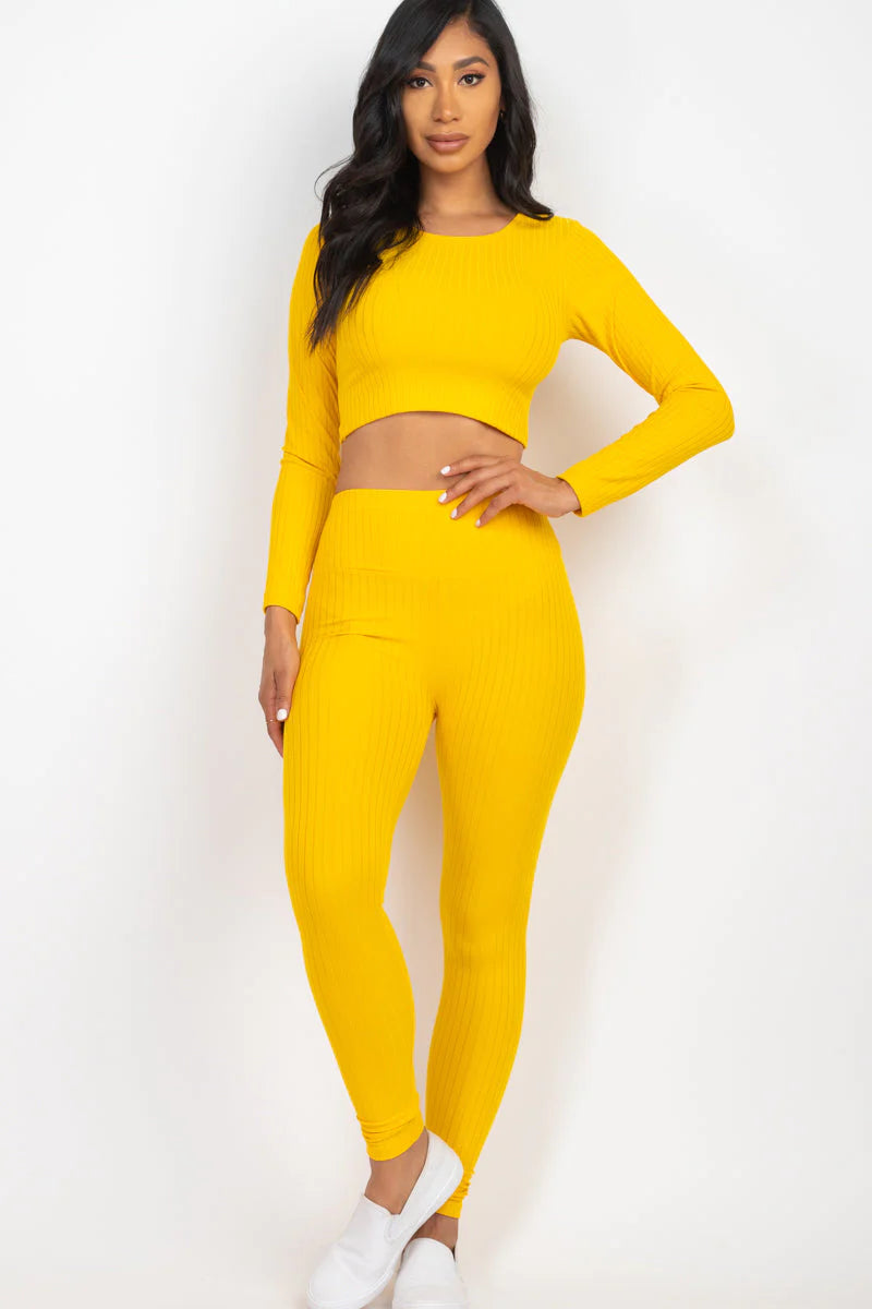 Ribbed Long Sleeve Crop Top and Leggings Set - CAPELLA