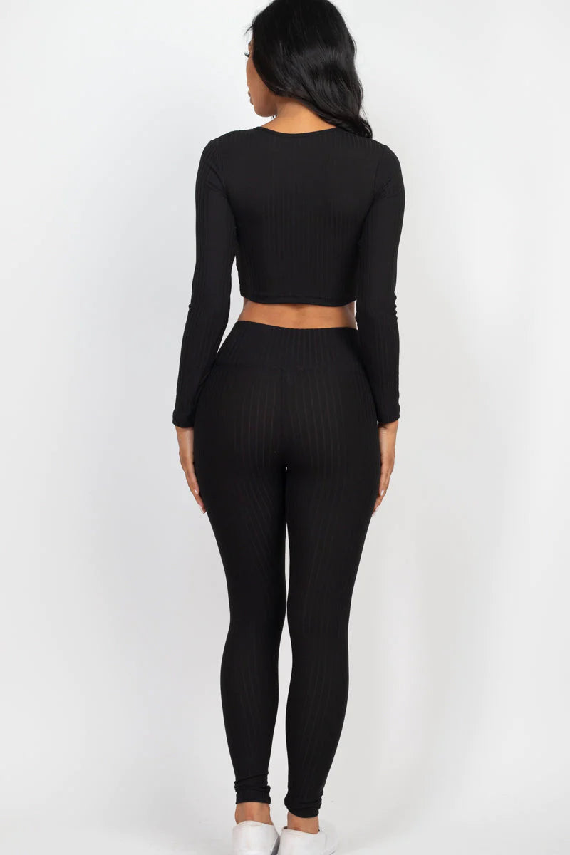 Ribbed Long Sleeve Crop Top and Leggings Set - CAPELLA