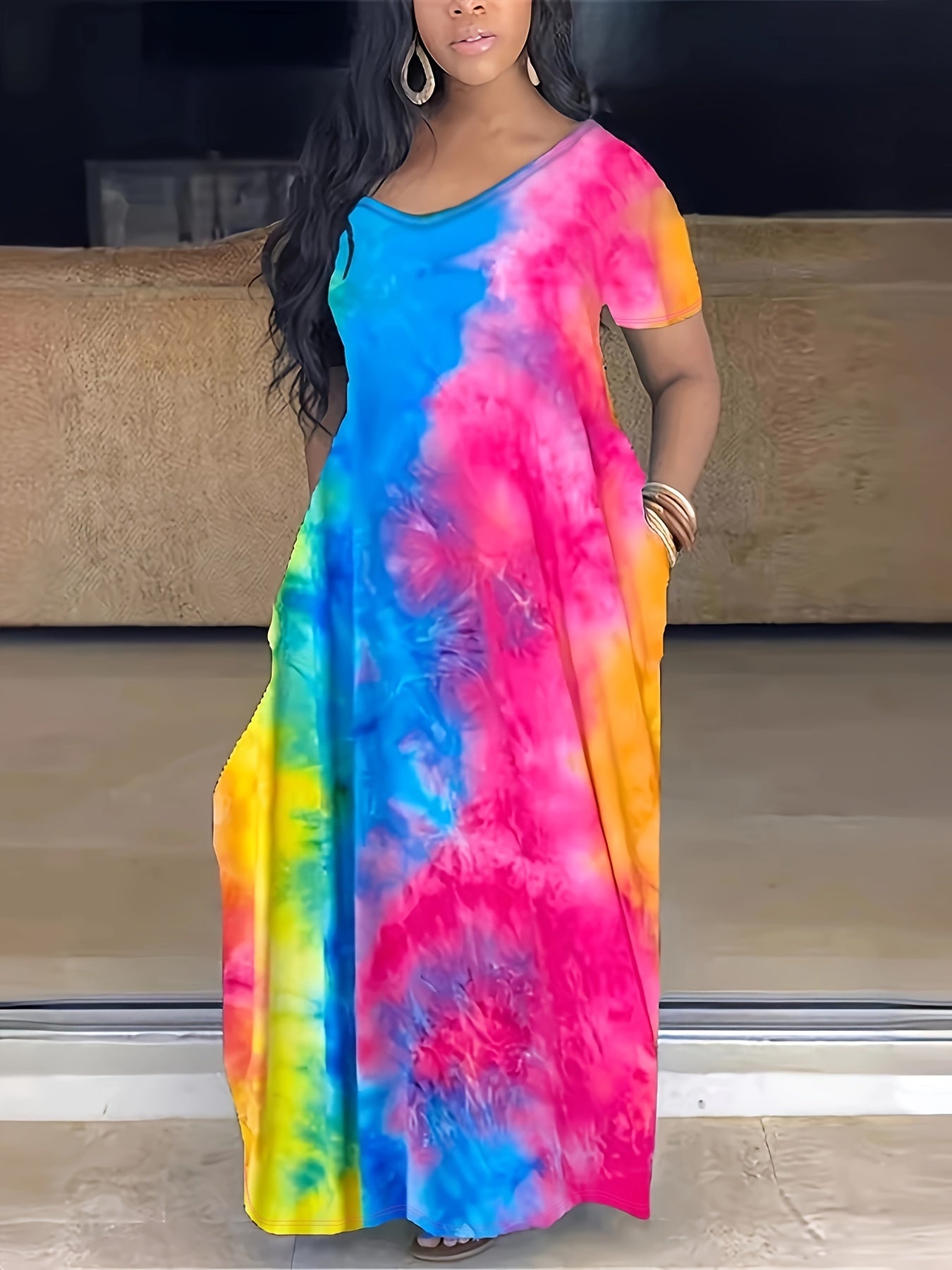 Elegant plus Size Tie Dye Maxi Dress Women's Short Sleeve V-Neck Long Dress with Pocket Medium Stretch Spring/Fall Wear