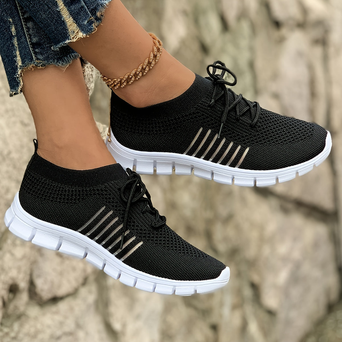Women's Breathable Lightweight Knit Sneakers Low-Top Lace-Up Fabric Upper PU Sole Casual Running Footwear