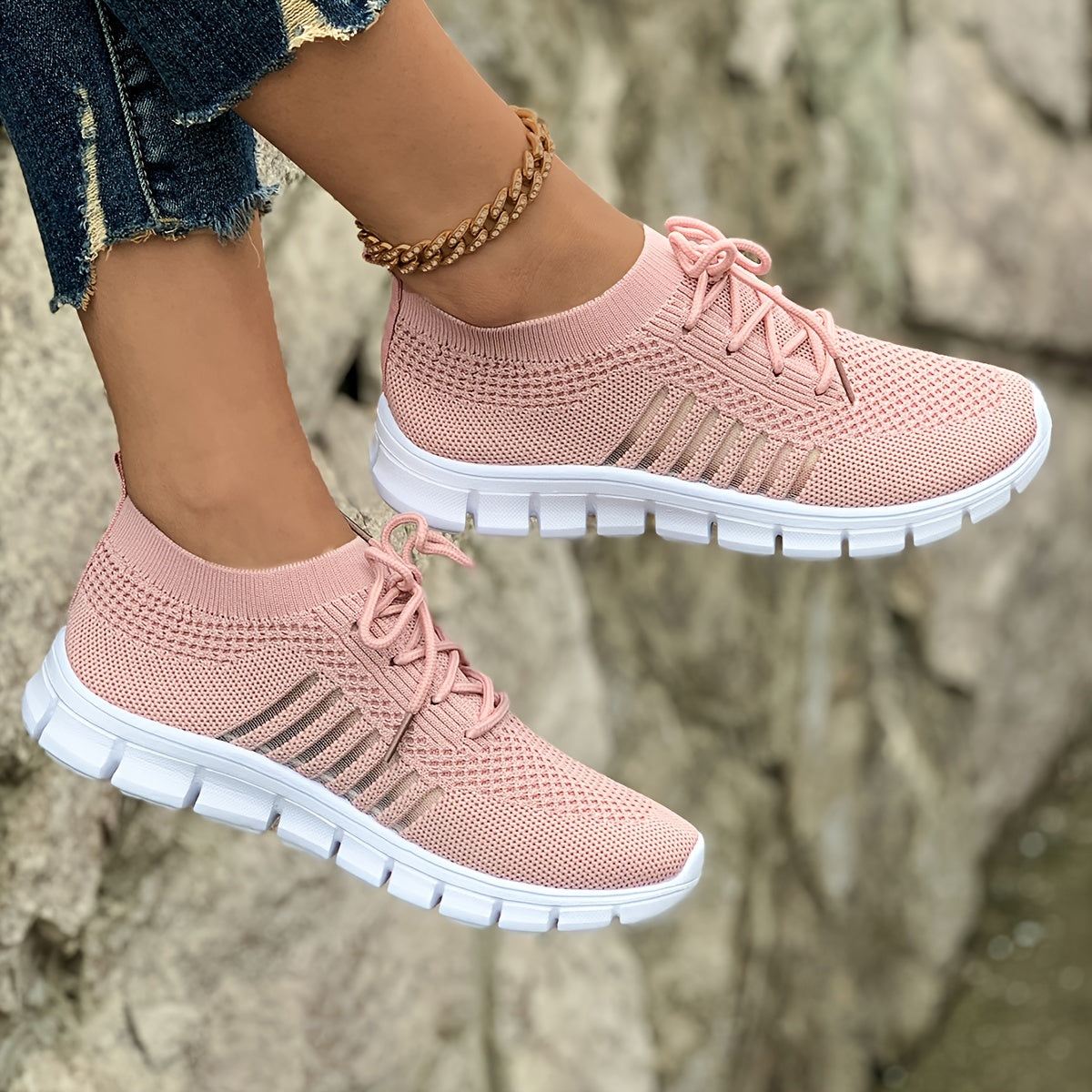 Women's Breathable Lightweight Knit Sneakers Low-Top Lace-Up Fabric Upper PU Sole Casual Running Footwear