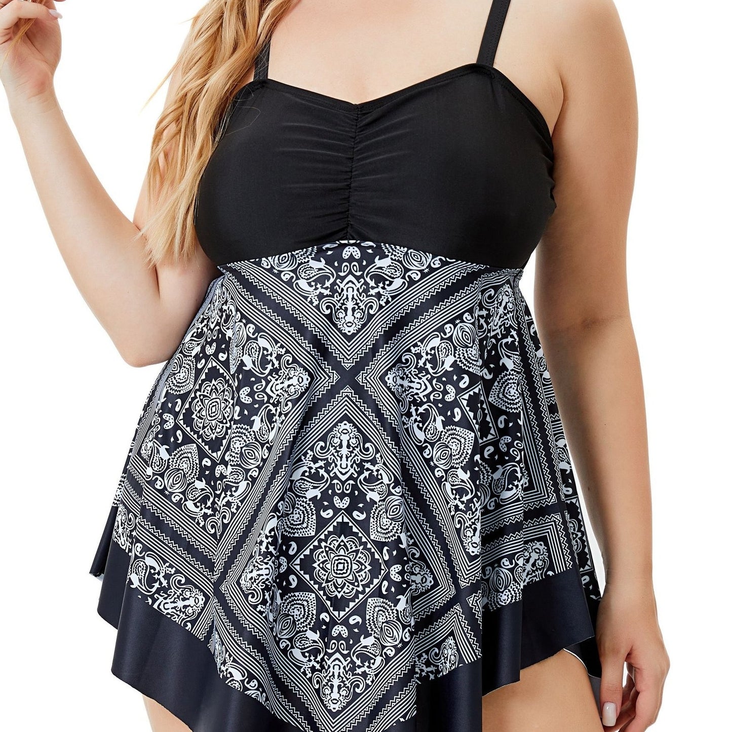 plus Size Printed One-Piece Swimsuit Off-the-Shoulder Sexy Tribal Print Swimwear Removable Padding Medium Stretch Polyester