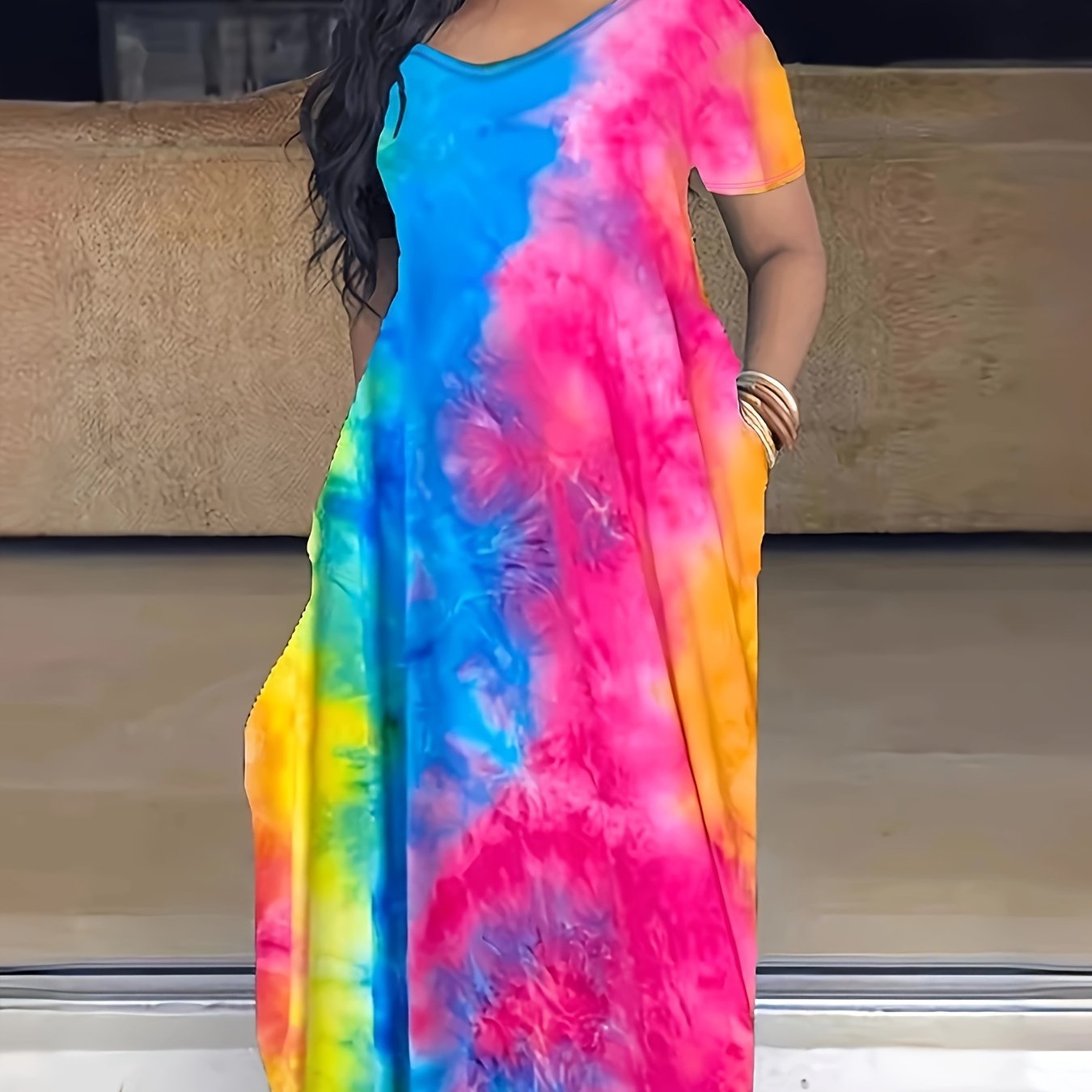 Elegant plus Size Tie Dye Maxi Dress Women's Short Sleeve V-Neck Long Dress with Pocket Medium Stretch Spring/Fall Wear