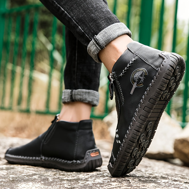 KEZZLY Men's Vintage Zipper Boots - Round Toe Short Ankle Boots with Rubber Sole, All-Season Casual & Sporty Shoes for Outdoor Activities