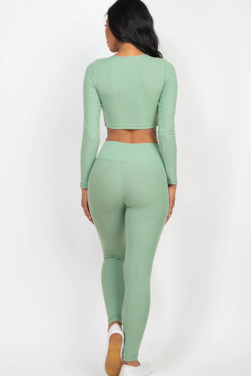 Ribbed Long Sleeve Crop Top and Leggings Set - CAPELLA