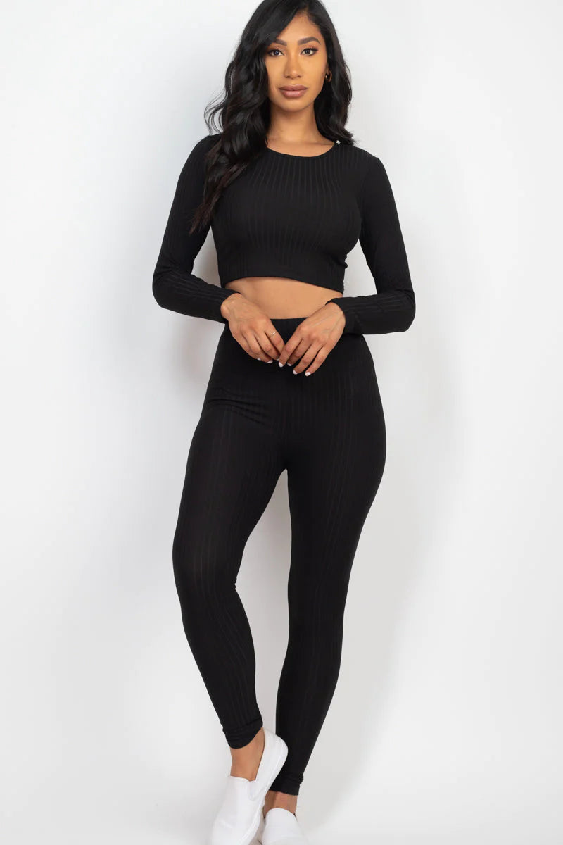 Ribbed Long Sleeve Crop Top and Leggings Set - CAPELLA