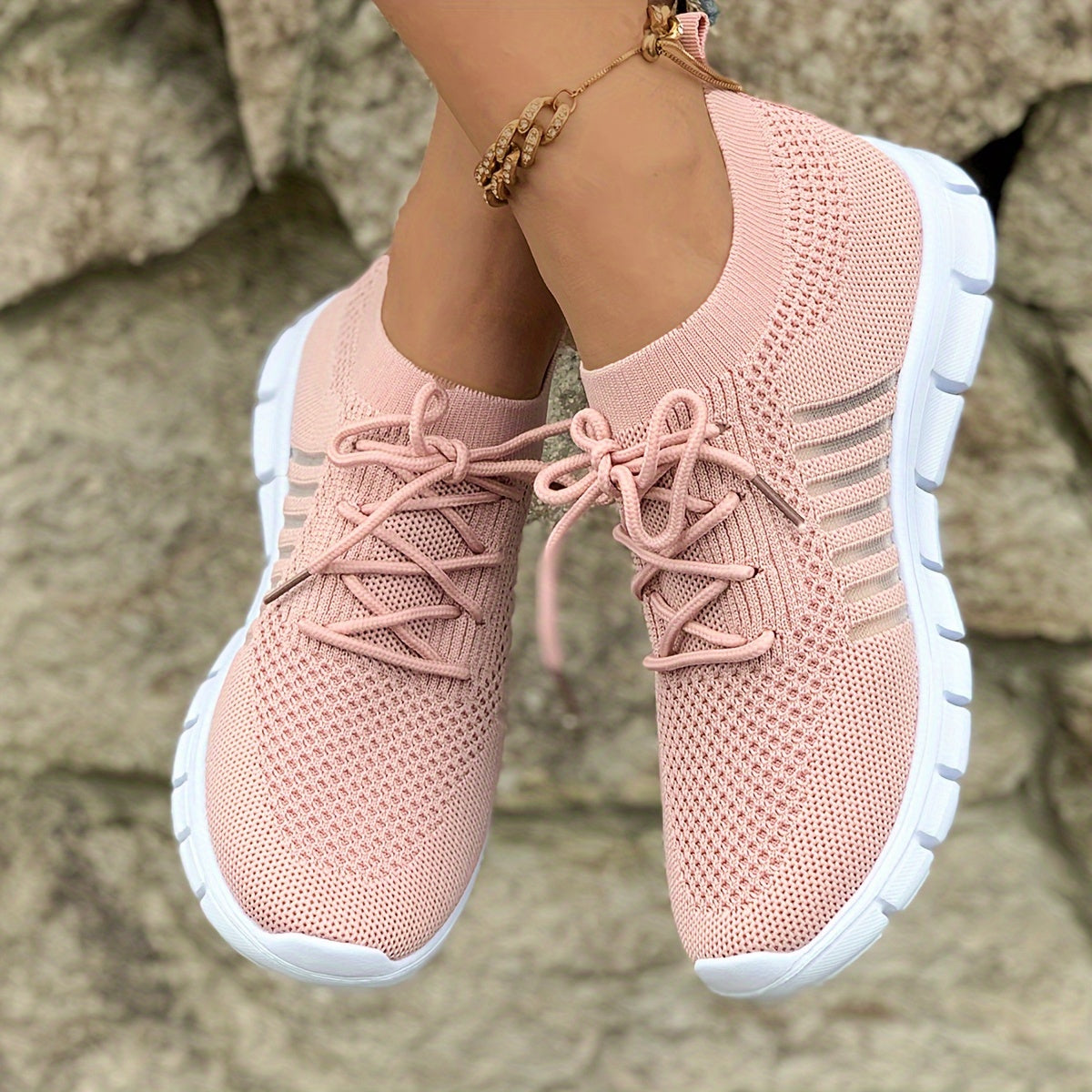 Women's Breathable Lightweight Knit Sneakers Low-Top Lace-Up Fabric Upper PU Sole Casual Running Footwear