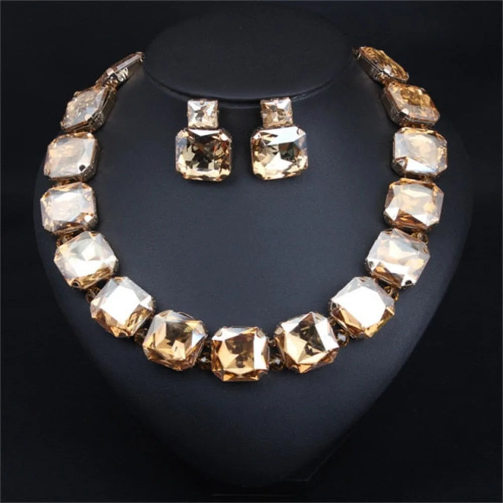 Stonefans Fashion Square Crystal Necklace Set for Women Shiny Red Rhinestone Stud Earrings Bridal Wedding Jewelry Set