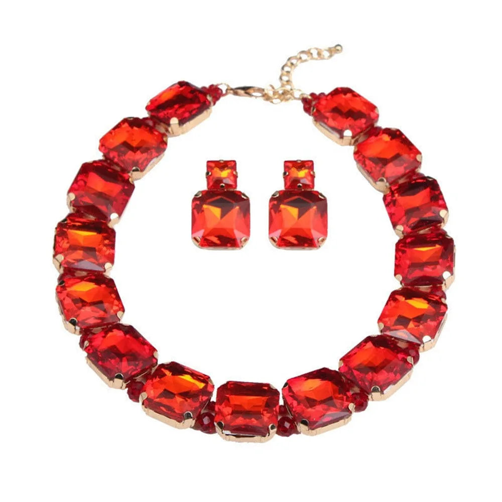 Stonefans Fashion Square Crystal Necklace Set for Women Shiny Red Rhinestone Stud Earrings Bridal Wedding Jewelry Set