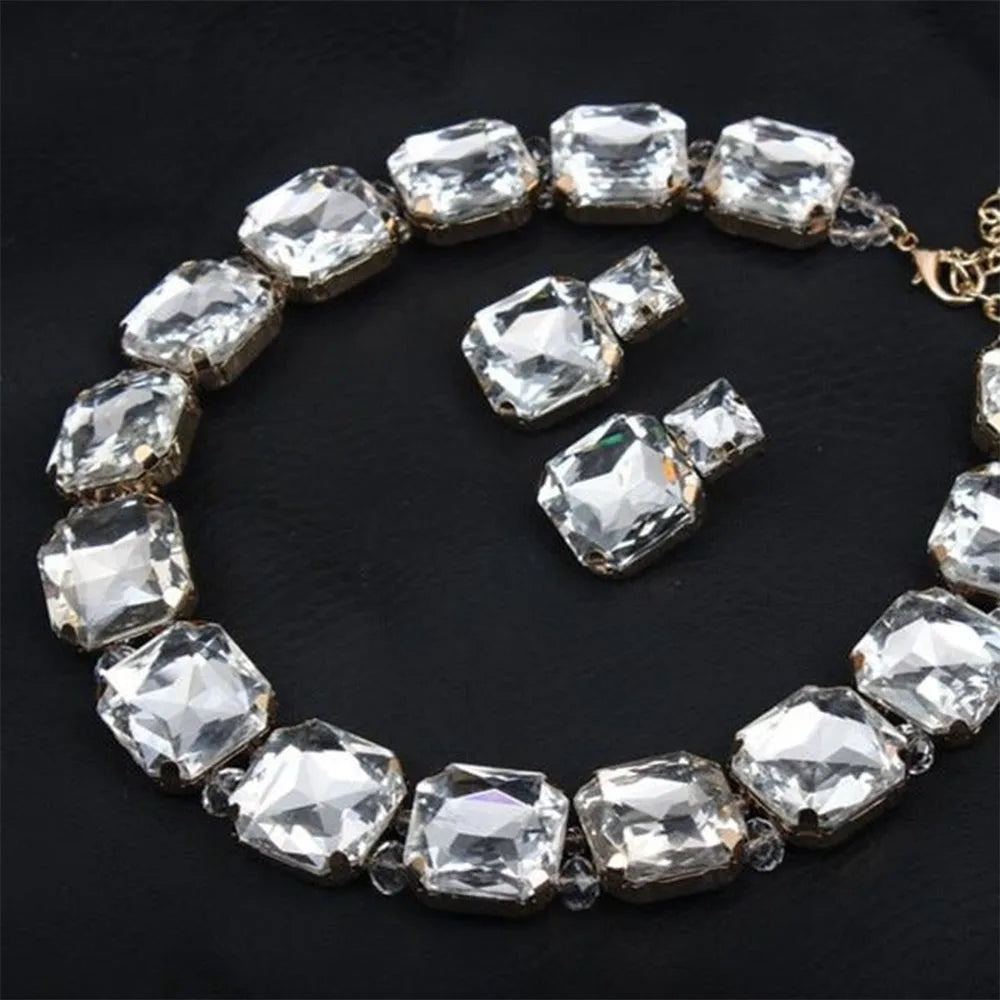Stonefans Fashion Square Crystal Necklace Set for Women Shiny Red Rhinestone Stud Earrings Bridal Wedding Jewelry Set