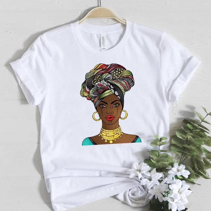 Beautiful Africa Girl Graphic T-Shirt for Women Aesthetic Black Melanin Queen Design Short Sleeve Eye Catching Femme Tops