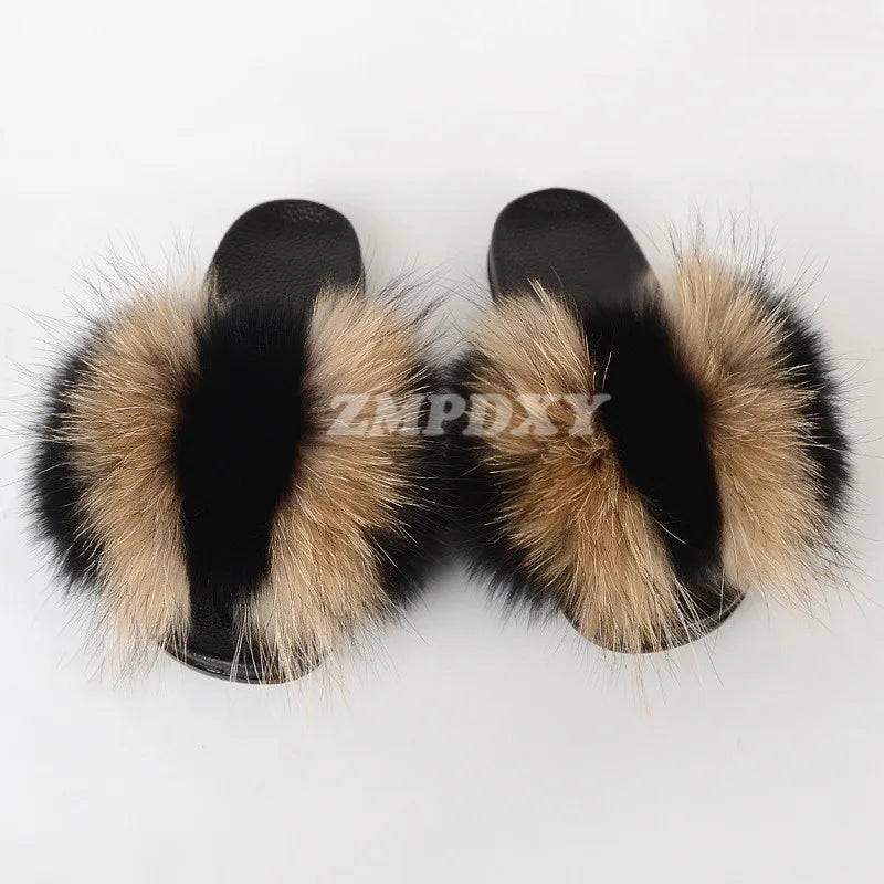 Rainbow Fur Slides Women's Furry Plush Raccoon Fox Fur Slippers Indoor Flat Non-Slip Summer Beach Flip Flops Large Size Sandals