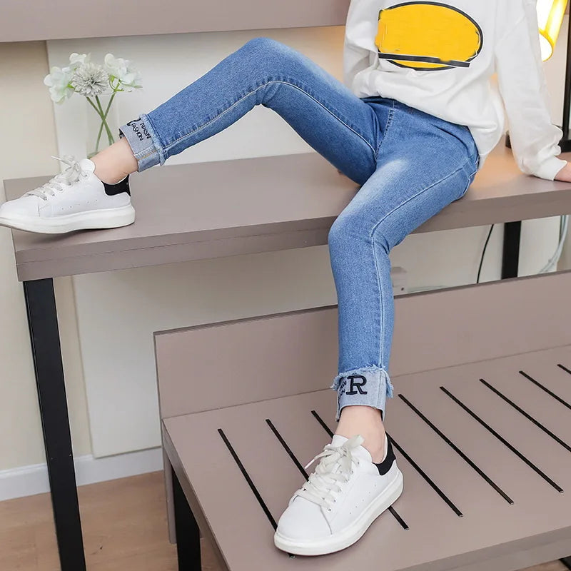 Spring Fashion Kids Jeans Girls Holes Jeans Toddler Baby High Quality Letter Print Elastic Waist Jeans Teen Tight Pencil Pants