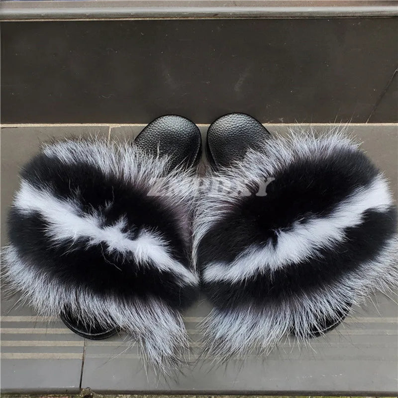 Rainbow Fur Slides Women's Furry Plush Raccoon Fox Fur Slippers Indoor Flat Non-Slip Summer Beach Flip Flops Large Size Sandals