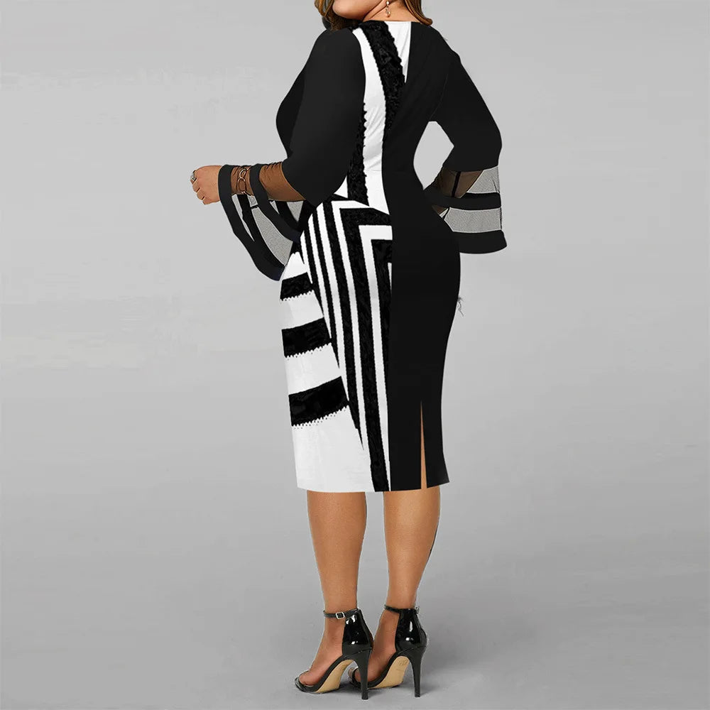 Plus Size Elegant Woman Dresses for Women Mesh Flare Sleeve Stitching Color Block Evening Party Dress Large Size Vestidos