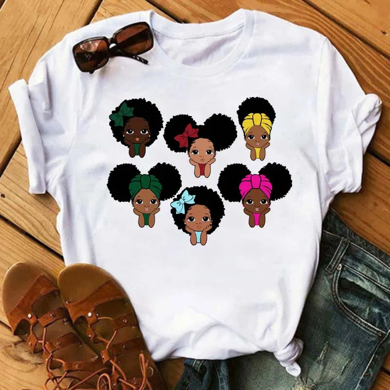 Maycaur Harajuku Black African Curly Hair Girls Tshirt Women Cartoon Graphic Print Tops Female T-shirt Cute Tee Friends T Shirts
