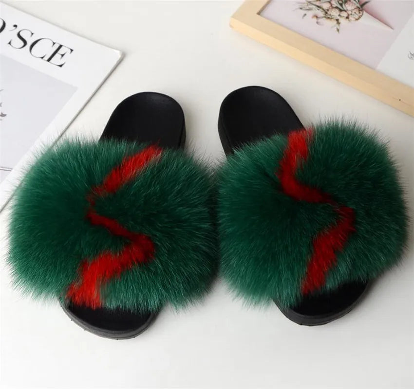Hot Sale Summer Women Fox Fur Slippers Furry Slippers Designer Fur Slides Girls Black Fur Slides Gorgeous Big Fur Slides Sandal
