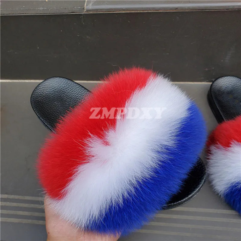 Rainbow Fur Slides Women's Furry Plush Raccoon Fox Fur Slippers Indoor Flat Non-Slip Summer Beach Flip Flops Large Size Sandals