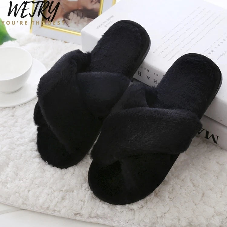 Winter Women Home Slippers with Faux Fur Fashion Warm Shoes Woman Slip on Flats Female Slides Black Pink Plus Size 41