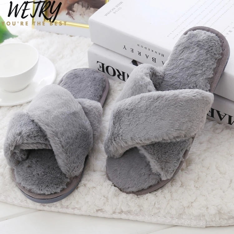 Winter Women Home Slippers with Faux Fur Fashion Warm Shoes Woman Slip on Flats Female Slides Black Pink Plus Size 41