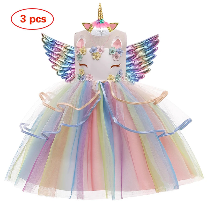 Baby Girls Unicorn Tutu Dress Pastel Rainbow Princess Girls Birthday Party Dress Children Kids Halloween Unicorn Perform Costume