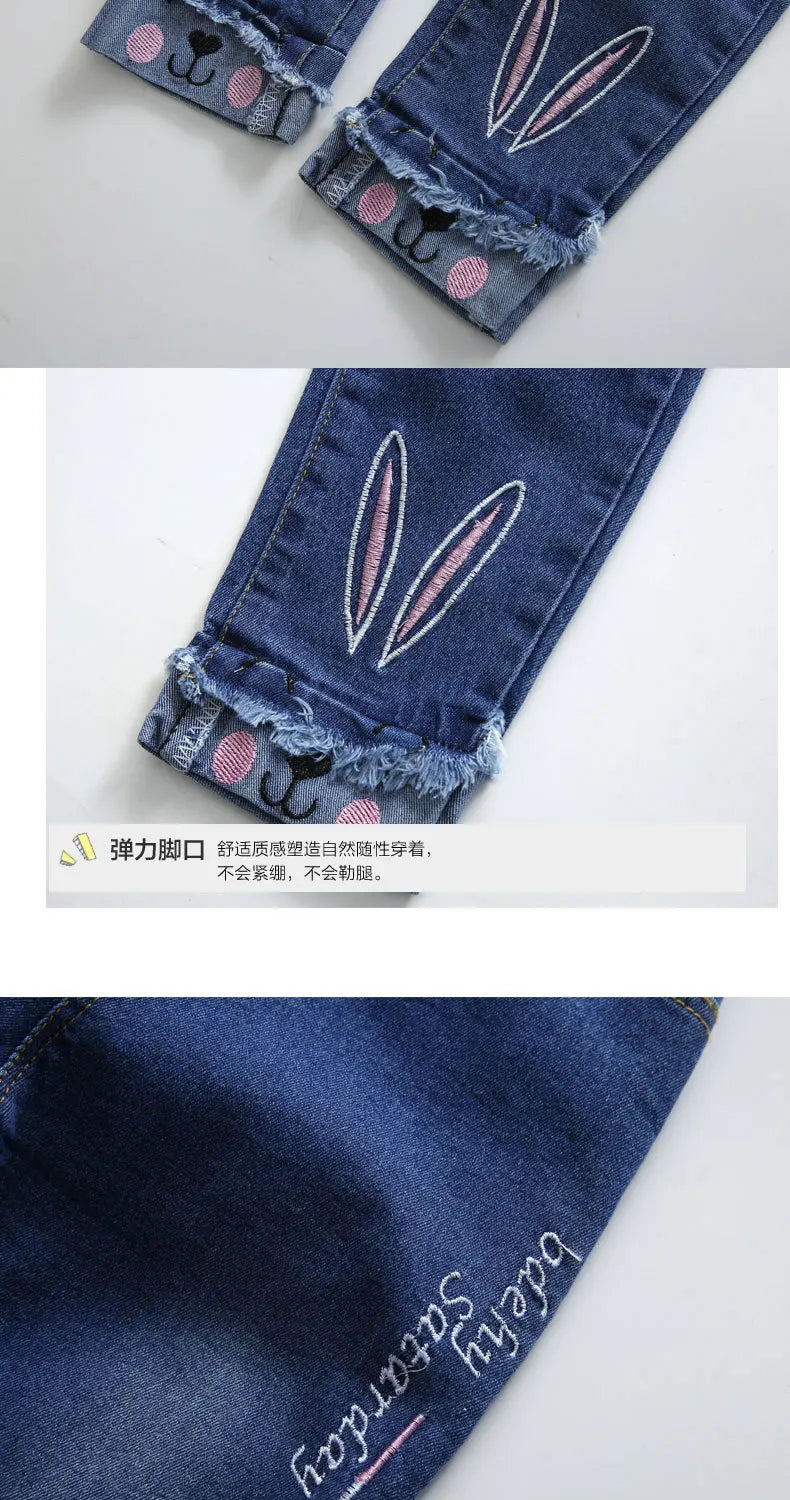 Spring Fashion Kids Jeans Girls Holes Jeans Toddler Baby High Quality Letter Print Elastic Waist Jeans Teen Tight Pencil Pants