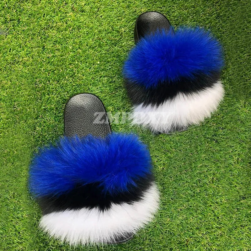 Rainbow Fur Slides Women's Furry Plush Raccoon Fox Fur Slippers Indoor Flat Non-Slip Summer Beach Flip Flops Large Size Sandals